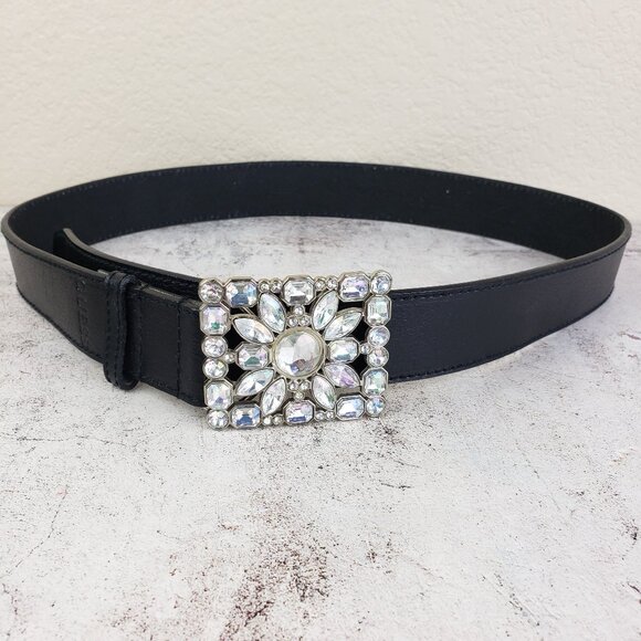 Vintage Y2K GUESS 100% Leather Belt Black Bedazzled Buckle Crystals size M main image 9